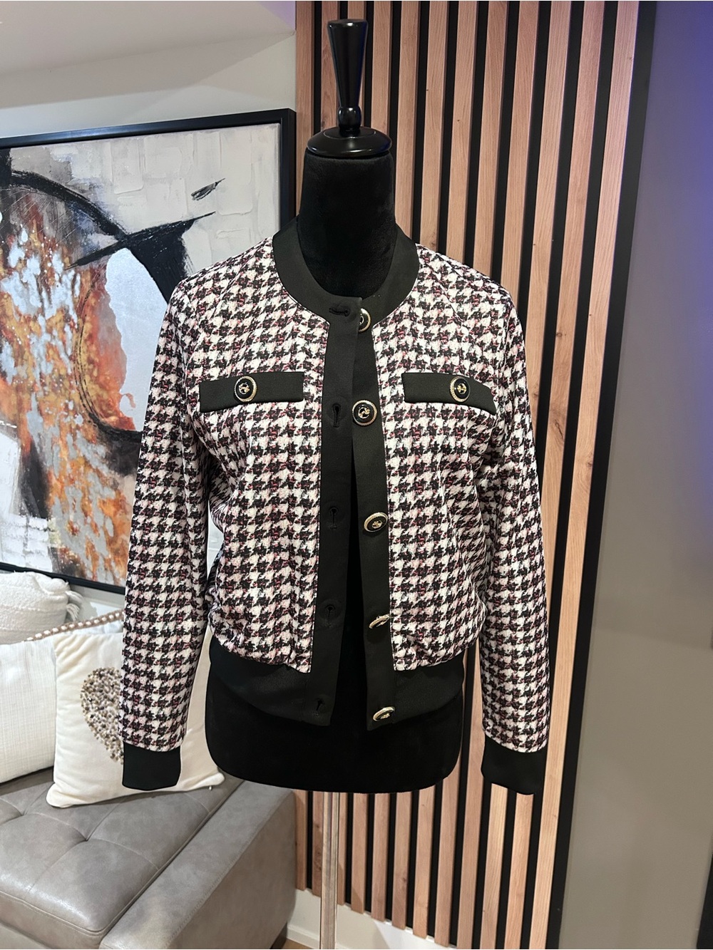 Classic Houndstooth Cropped Jacket with Black Trim